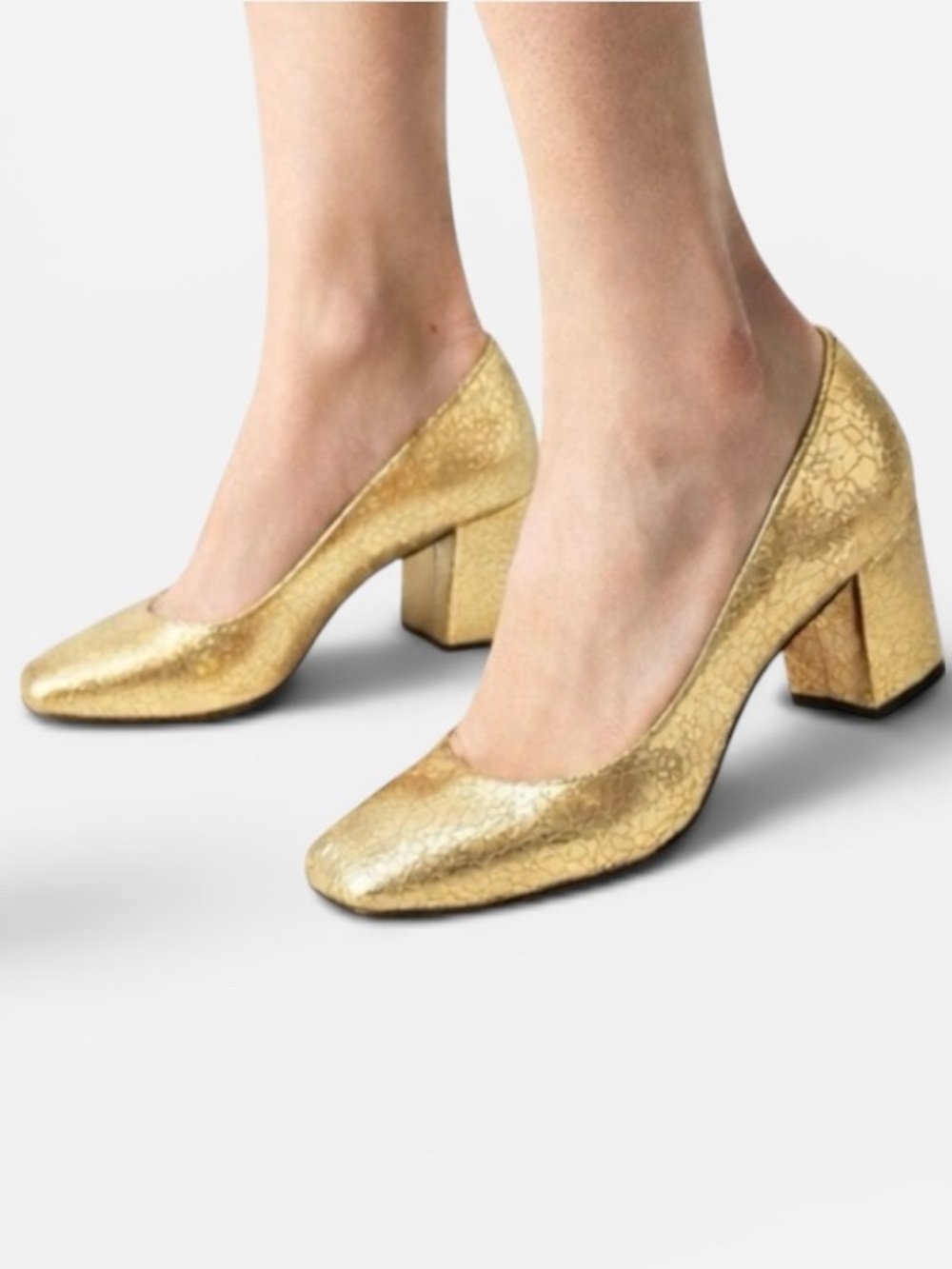 J.Crew Gold Metallic Crackle Leather Block Heel Pumps Size 9.5